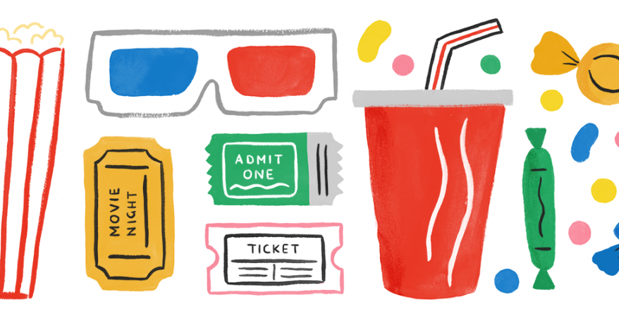 a coloured illustration of items to be found at a cinema visit