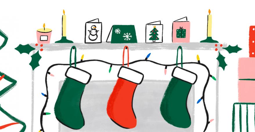 illustration of stockings hanging from a mantlepiece next to a pile of presents and a christmas tree