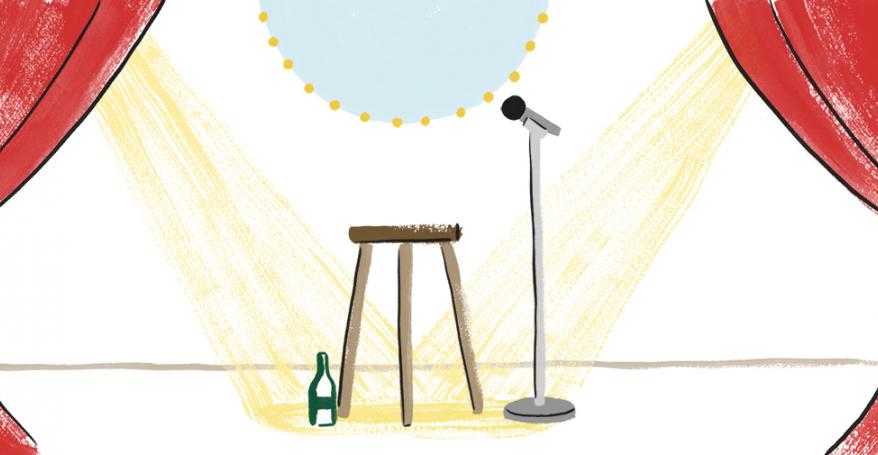 an illustration of a stage with a stool and microphone