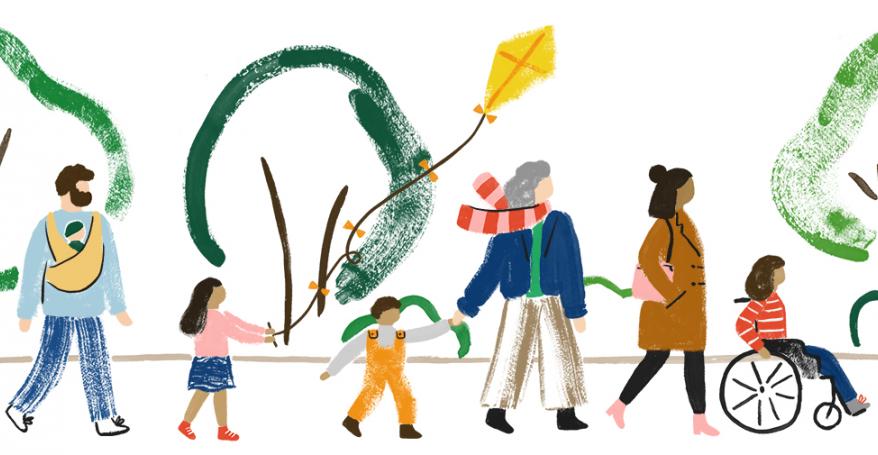 an illustration of a family out on a walk