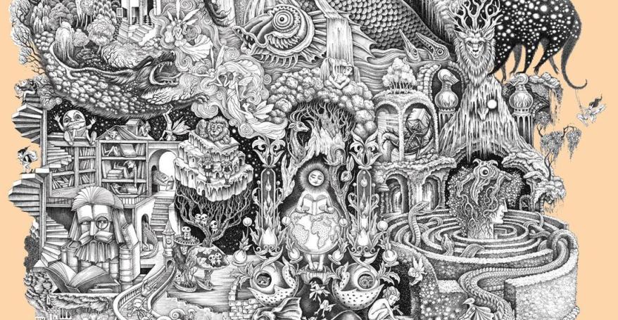 a line drawing of a fantasy world