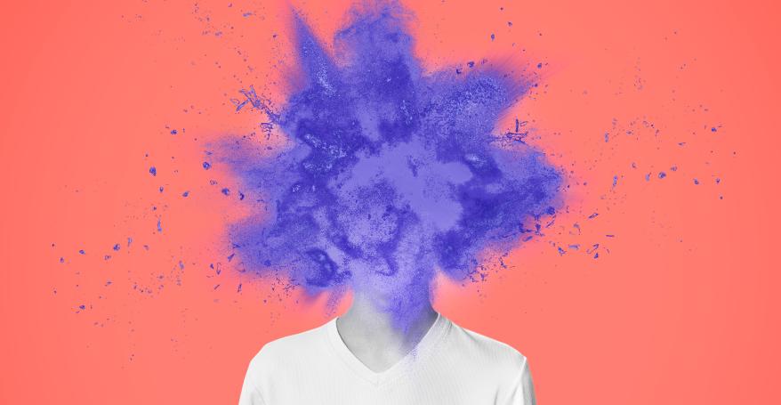 A purple paint explosion in the place of a head. Below, a neck and a white t-shirt. The background is pink/orange.
