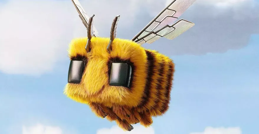 A CGI cuboid bee flying.
