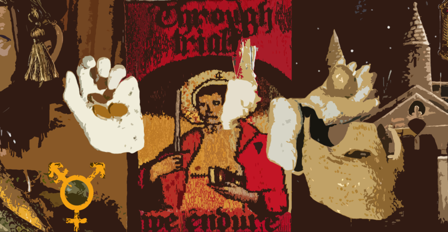 an image in a cut out style showing a college of some of the artwork that will be on display. Left is a closeup of a ceramic statue, middle is a tapestry, right is a painting. In front of them are more ceramic peices