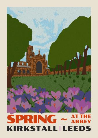 Graphic art poster of Kirkstall Abbey. In the foreground are purple crocuses.