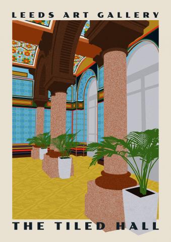 Graphic art poster of the interior of the Tiled Hall Cafe. Featuring arched columns, tiled walls and palm plants.