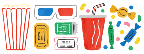illustration of popcorn, 3D glasses, cinema tickets and sweets