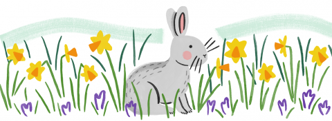 illustration of a bunny rabbit amongst daffodils