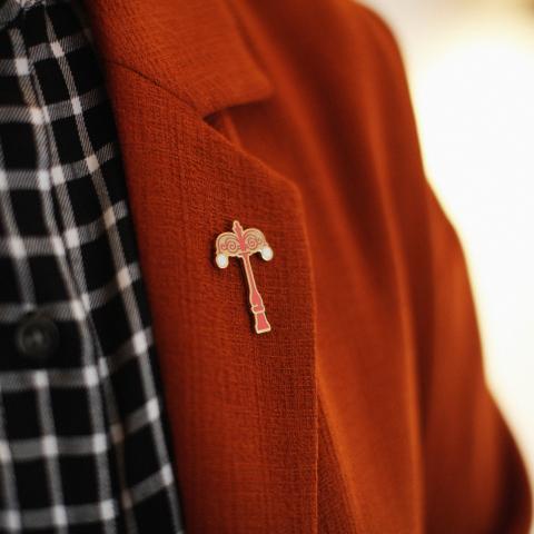 photograph of lamp post pinbadge on the lapel of a jacket