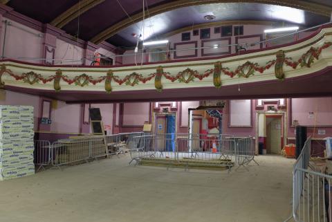Interior of Hyde Park Picture House auditorium and balcony during renovation