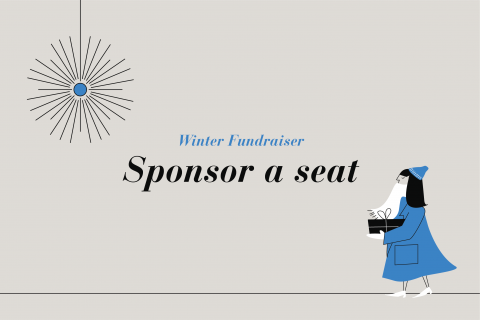 illustration of woman holding a gift includes the word winter fundraiser sponsor a seat
