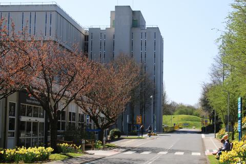 Exterior of large, multi storey concrete clad building. Trees in foreground.