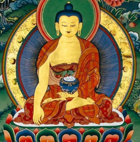 A colourful, traditional illustration of a Buddhist meditating