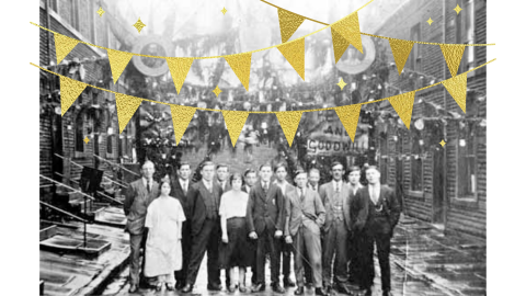 a street party with bunting in gold