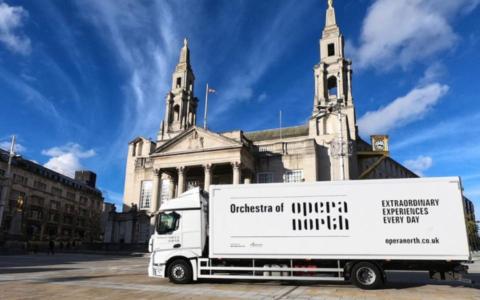 An Opera North lorry outside Leeds Civic Hall