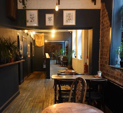 A cozy corridor of The Brew Society bar with art hung on the walls, and potted plants throughout