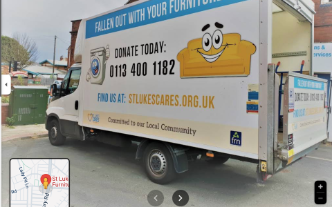 A white band “Fallen Out with your furniture” Donate Today 0113 400 1182, Find us @STLukescare.org.uk 