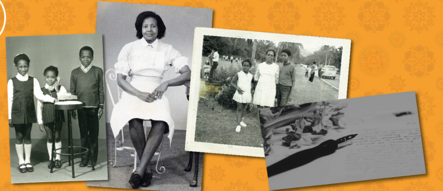 Four black and white photos on a yellow background. Three photos feature family members and one is a pen lying on a piece of paper.