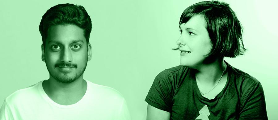 Headshot pictures of Ahir Shah and Josie Long 