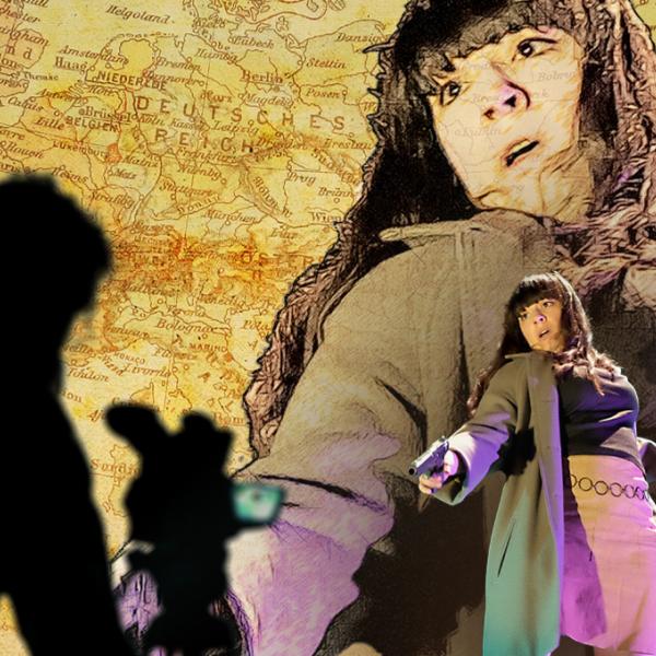 A woman, looking shocked, points a gun, with a blood-covered map of Europe in the background