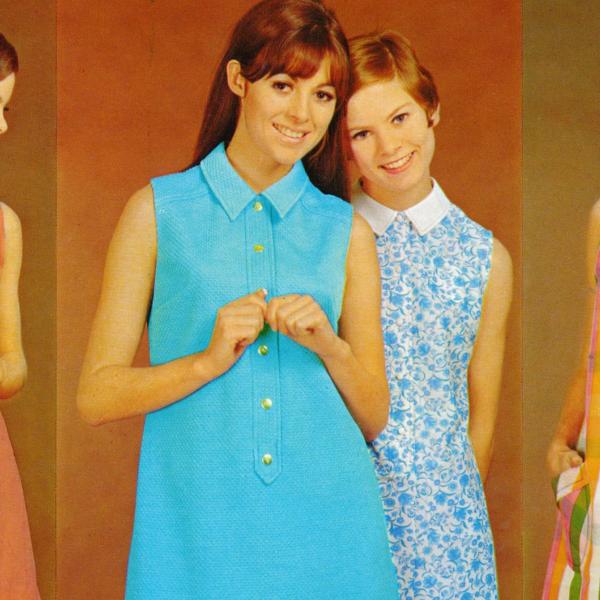 Image shows young women modelling 1960s style shift dresses