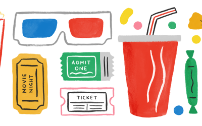 a coloured illustration of items to be found at a cinema visit