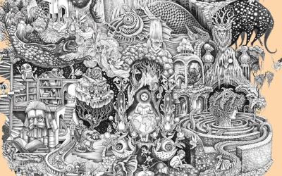 a line drawing of a fantasy world