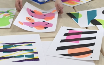 A selection of stencil screen prints featuring a range of abstract shapes in different colours