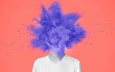 A purple paint explosion in the place of a head. Below, a neck and a white t-shirt. The background is pink/orange.