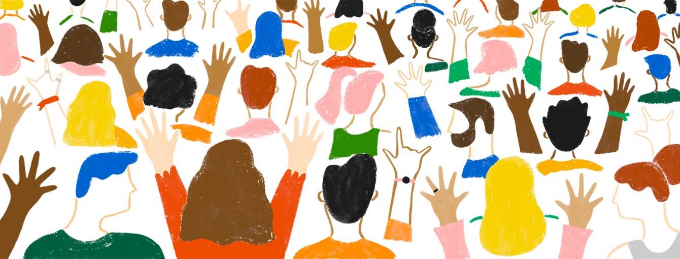 a colourful illustration showing an audience from behind