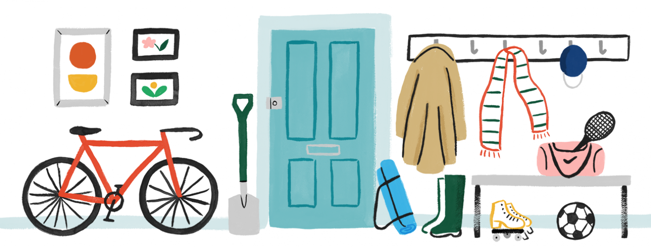 an illustration of various health equipment in a hallway