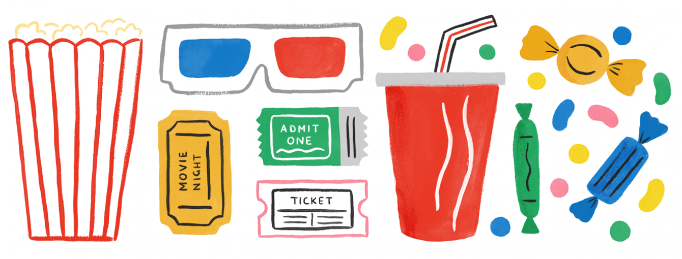 a coloured illustration of items to be found at a cinema visit