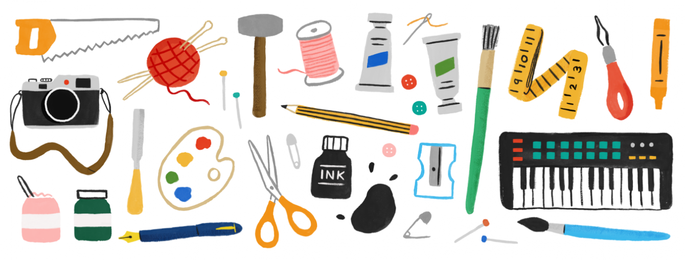 an illustration in colour of workshop tools and equipment