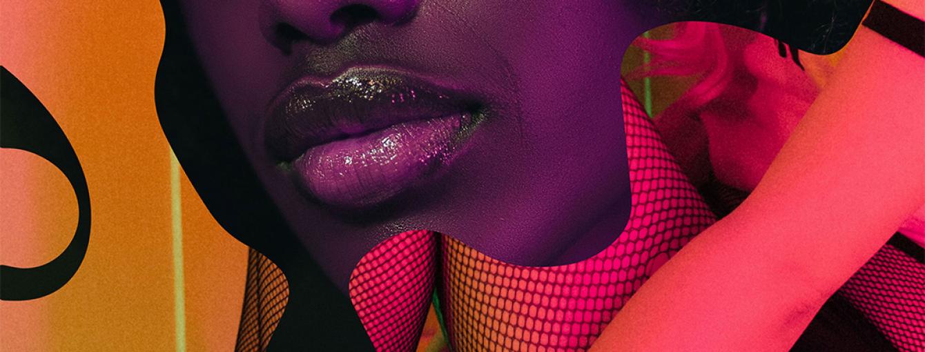 pink and purple collage featuring a womans face and legs