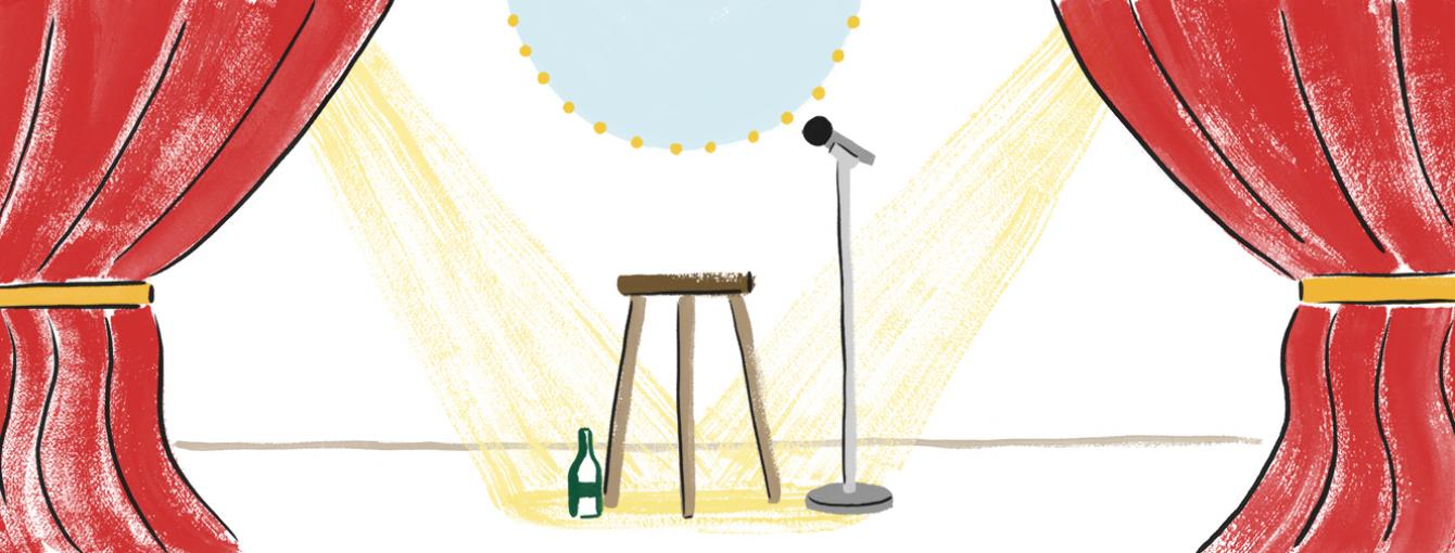 an illustration of a stage with a stool and microphone