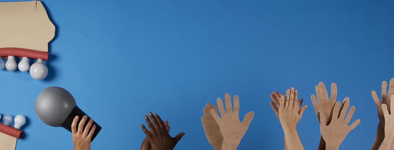 a collage of a mouth with a microphone and hands clapping