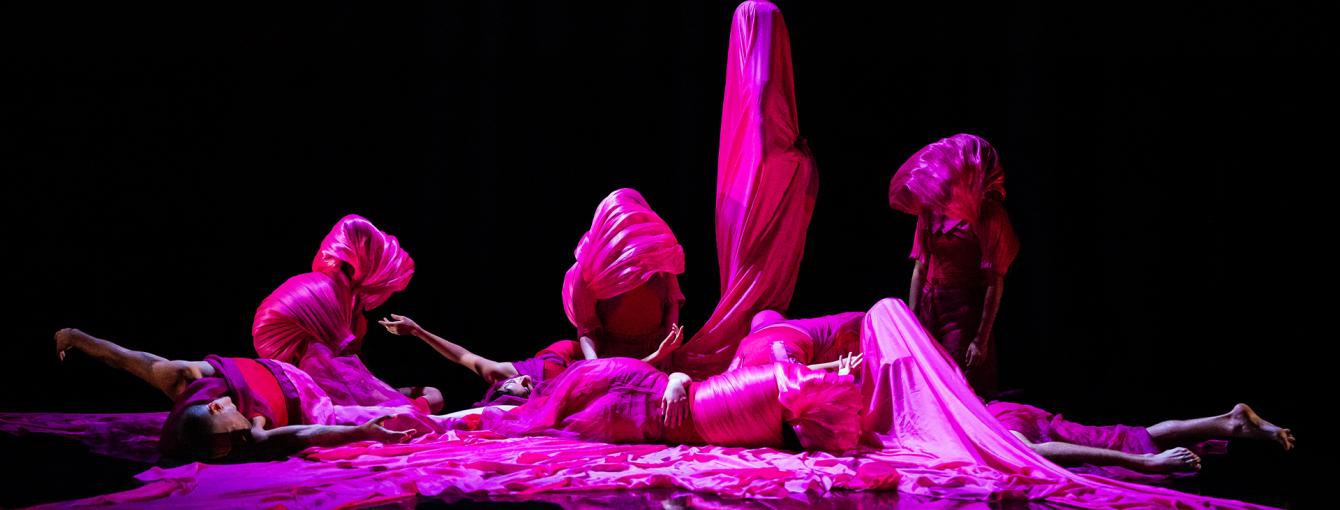 Dancers on stage. They are covered in silky pink sheets.