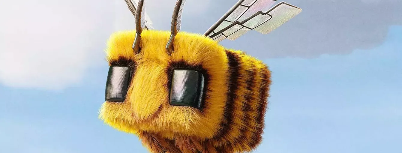 A CGI cuboid bee flying.